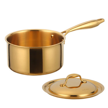Thicken Golden Stainless Steel Boiling Pot with Lid Kitchen Soup Milk Cooking Pan Long Anti-Heat Handle Cookware for Restaurant