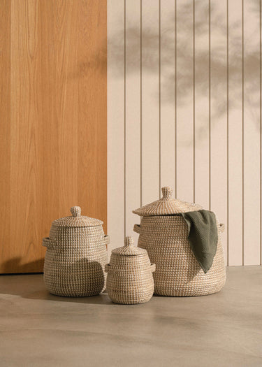 Round Basket with Lid and Handles | Storage & Laundry Hamper | Handwoven Natural Coiled Seagrass Basket | Wicker Basket | Tall Basket