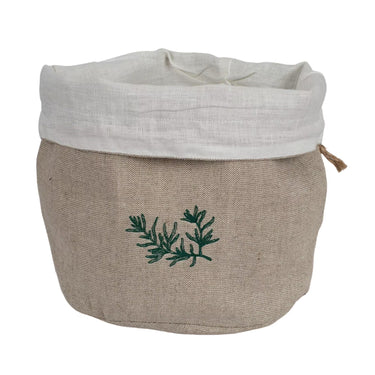 Soft Linen Bread Basket with Lining, Two-Layer, ECO, ZERO WASTE, Natural Linen. Embroidery: Herbs.