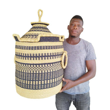 AFRICAN LAUNDRY BASKET with Lid, African Woven Basket, Blanket Basket, Tall Laundry Hamper,Storage Wicker Storage Basket Lid, Bolga Basket