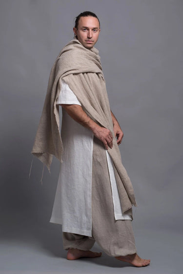 Men'S Outfit - 3 Pieces - Wide Leg Harem Pants, Long Linen Tunic Dress Djellaba ZIV, Linen Wide Scarf Shawl, Mens Linen Clothing, Loungewear