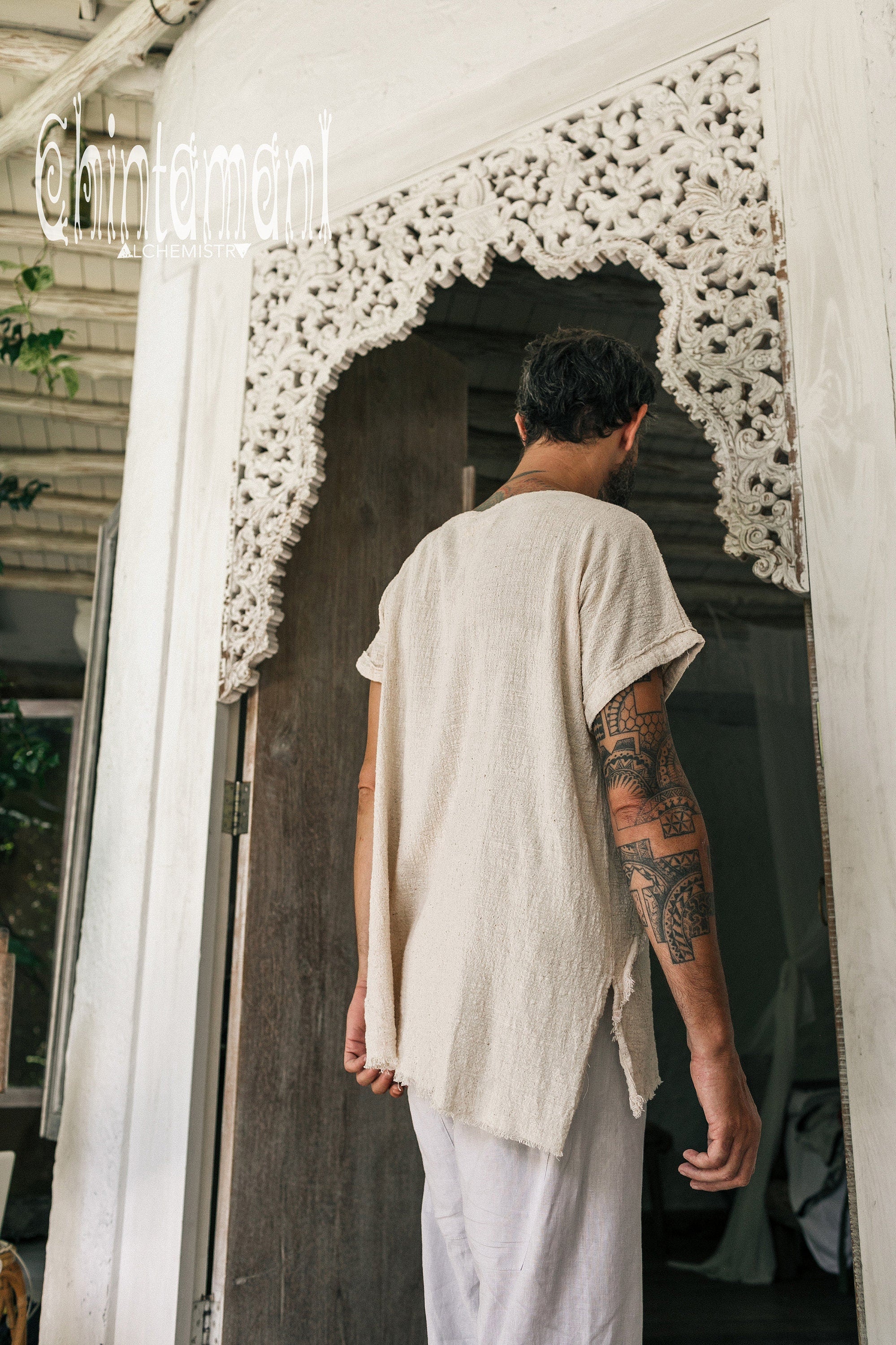 Raw Cotton T-Shirt for Men / Nomad Ripped Tee Shirt / Off White